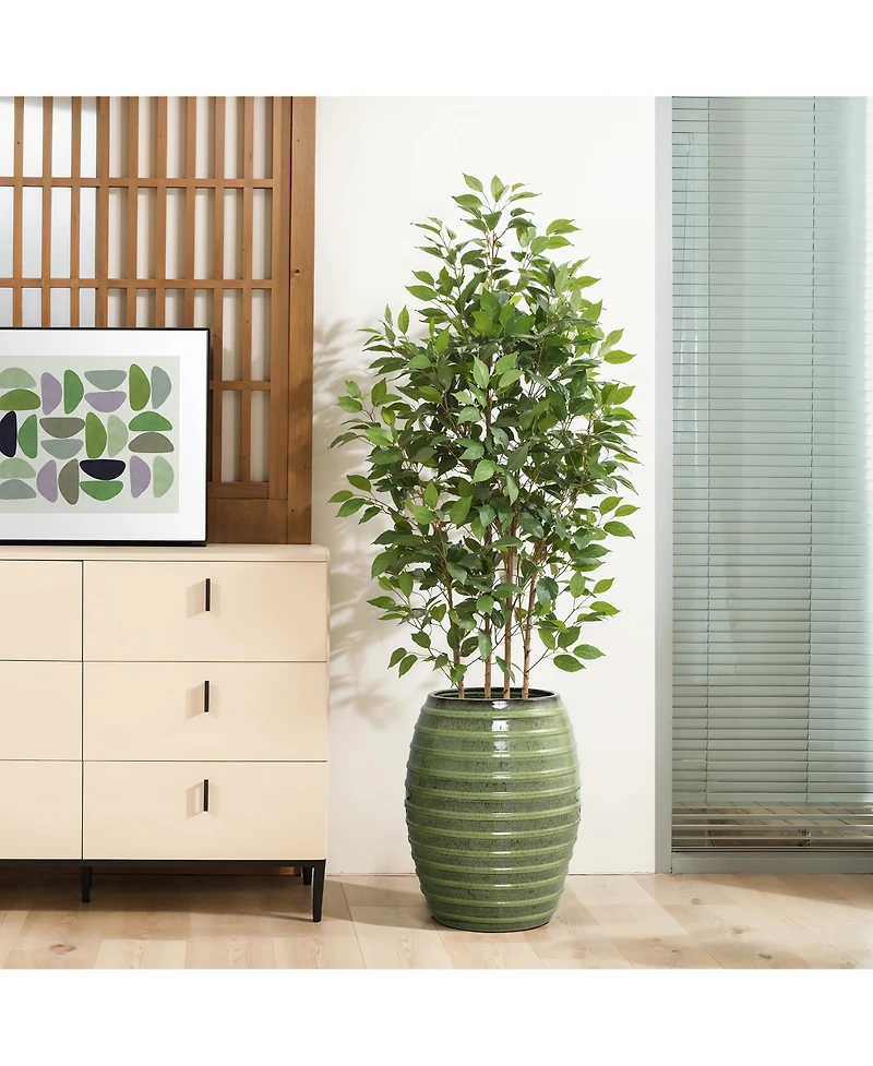 LuxenHome 17.7" Tall Ceramic Planter Pot for Indoor Outdoor Plants with Ribbed Texture, Large Garden Plant Pots with Drainage Hole, Green