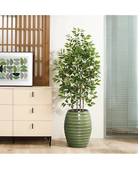 LuxenHome 17.7" Tall Ceramic Planter Pot for Indoor Outdoor Plants with Ribbed Texture, Large Garden Plant Pots with Drainage Hole, Green