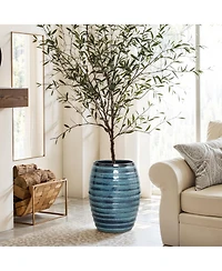 LuxenHome 17.7" Tall Ceramic Planter Pot for Indoor Outdoor Plants with Ribbed Texture, Large Garden Plant Pots with Drainage Hole, Blue