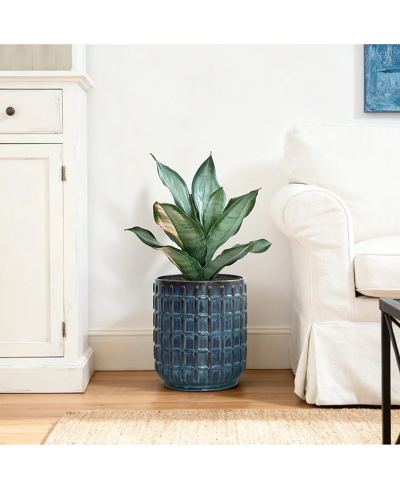 LuxenHome 14" Tall Ceramic Planter Pot for Indoor Outdoor Plants with Geometric Texture, Large Garden Plant Pots with Drainage Hole