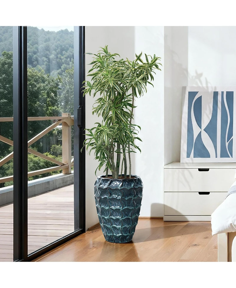 LuxenHome 14" Tall Ceramic Planter Pot for Indoor Outdoor Plants with Geometric Texture, Large Garden Plant Pots with Drainage Hole, Blue