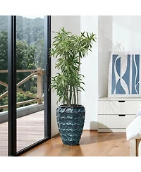 LuxenHome 14" Tall Ceramic Planter Pot for Indoor Outdoor Plants with Geometric Texture, Large Garden Plant Pots with Drainage Hole, Blue