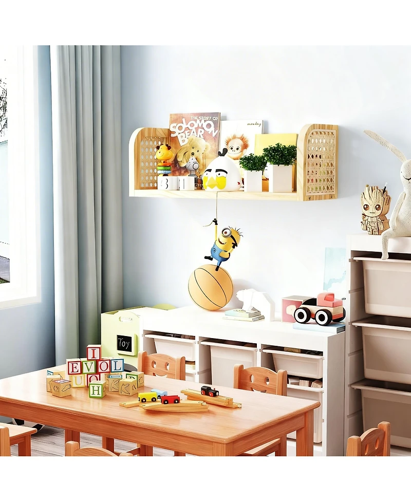 Yigii Rattan Wall Shelf Wooden Floating Storage Boho Decorative