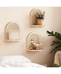 Yigii Rattan Wall Shelf Set of 3 7" Wicker Decor Boho Floating Shelves Plant Display