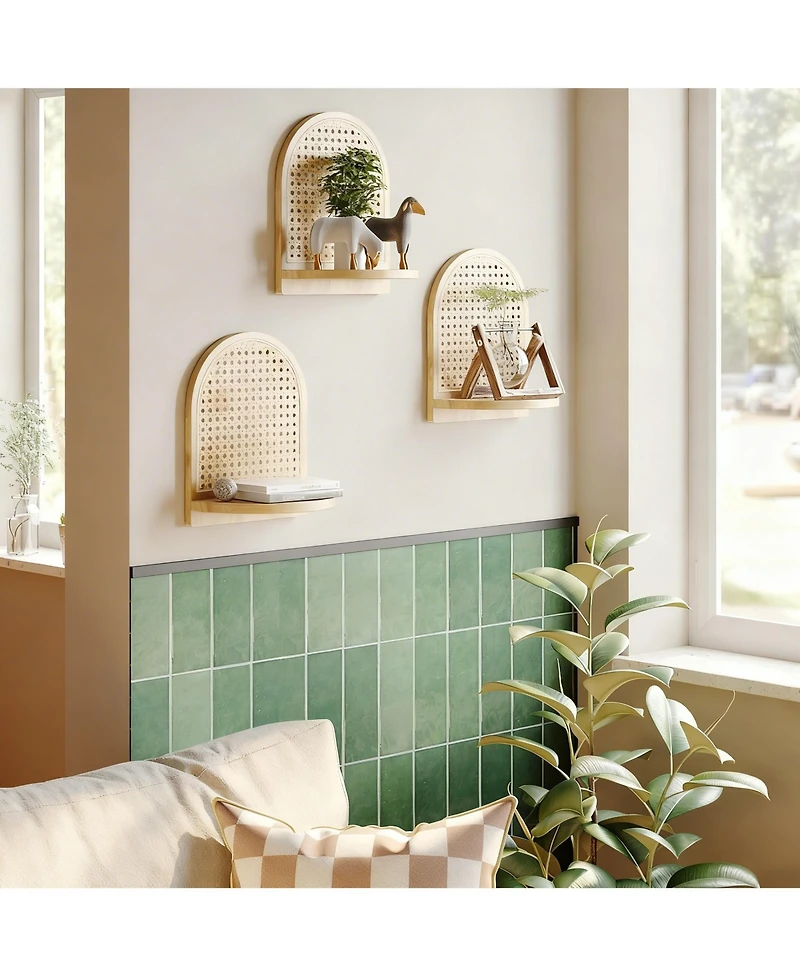 Yigii Rattan Wall Shelf Set of 3 7" Wicker Decor Boho Floating Shelves Plant Display