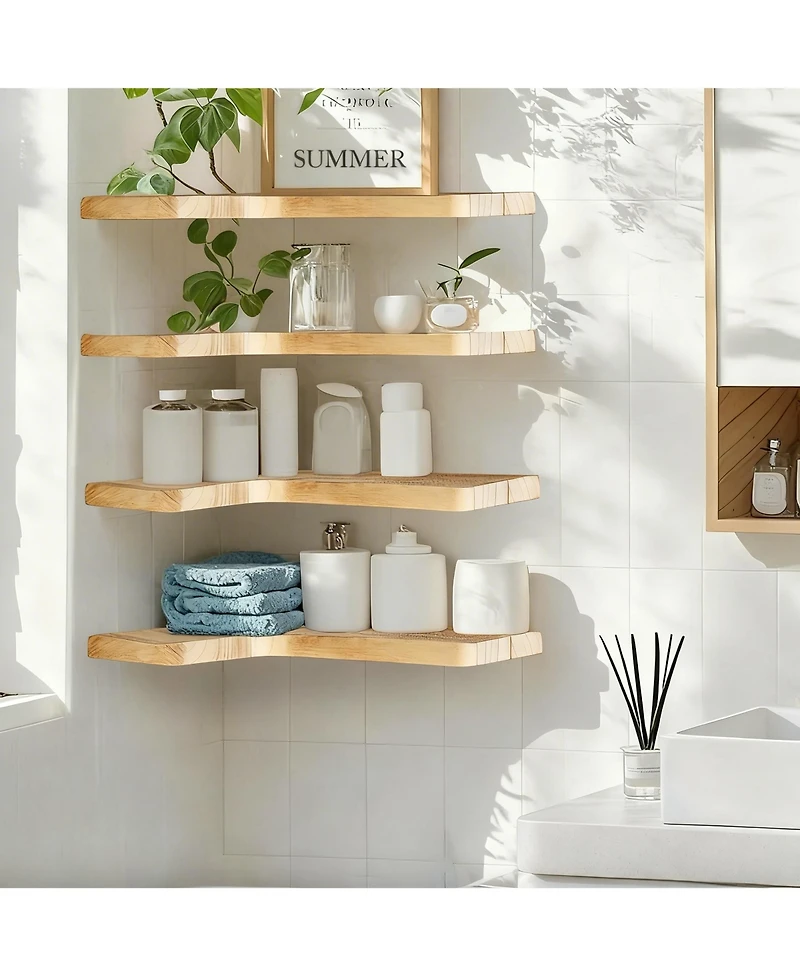 Yigii Floating Corner Shelves Wall Mounted Set of 2 Solid Wood Storage Display