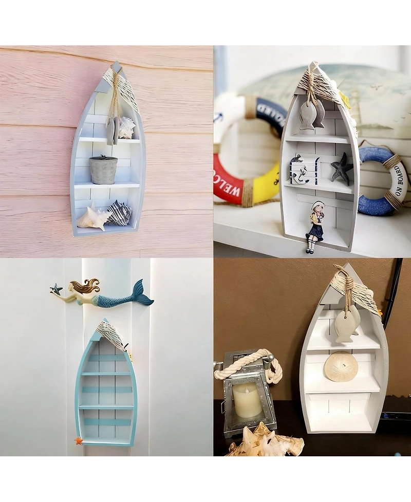 Yigii Wooden Boat Shelf 16.5" Display Fish Net Starfish Seashell Nautical Beach Decor