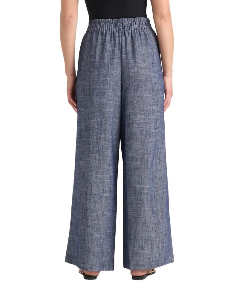 Ellen Tracy Women's Wide Leg Chambray Pant with Porkchop Pocket
