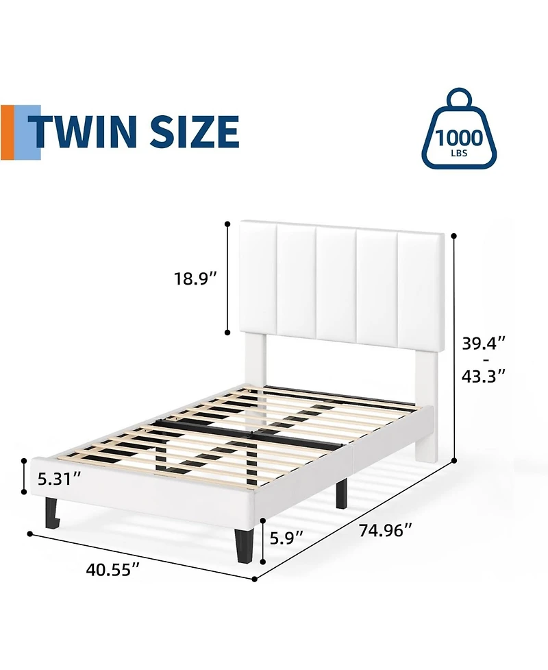 gaomon Twin Size Velvet Iron Mdf Vertical Pattern Soft Bag Basic Bed, White Upholstered Bed Frame, Stylish Design, Comfortable Mattress, No Box Spring