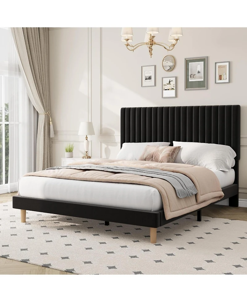 gaomon Full Size Iron & Mdf Bed Frame Upholstered Tall Vertical Stripe Design, Modern, Sturdy Construction, No Box Spring Needed for Bedroom