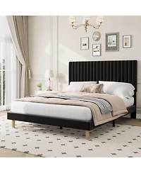 gaomon Full Size Iron & Mdf Bed Frame Upholstered Tall Vertical Stripe Design, Modern, Sturdy Construction, No Box Spring Needed for Bedroom