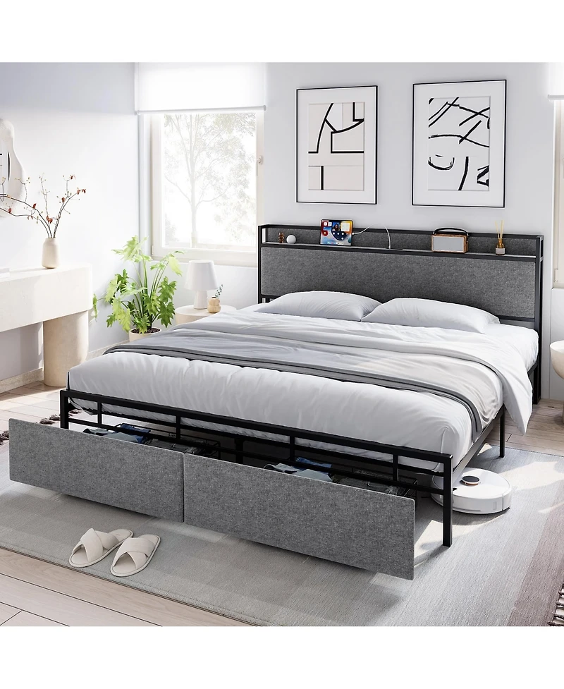gaomon King Bed Frame with Storage Drawers & Charging Station, Upholstered Headboard, Noiseless, Sturdy, Easy Assembly