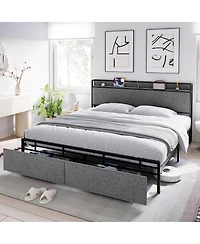 gaomon King Bed Frame with Storage Drawers & Charging Station, Upholstered Headboard, Noiseless, Sturdy, Easy Assembly