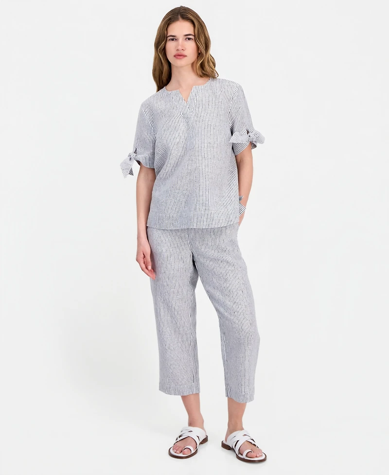 Charter Club Petite Beach Stripe Tie Sleeve Linen Top, Macy's Exclusive