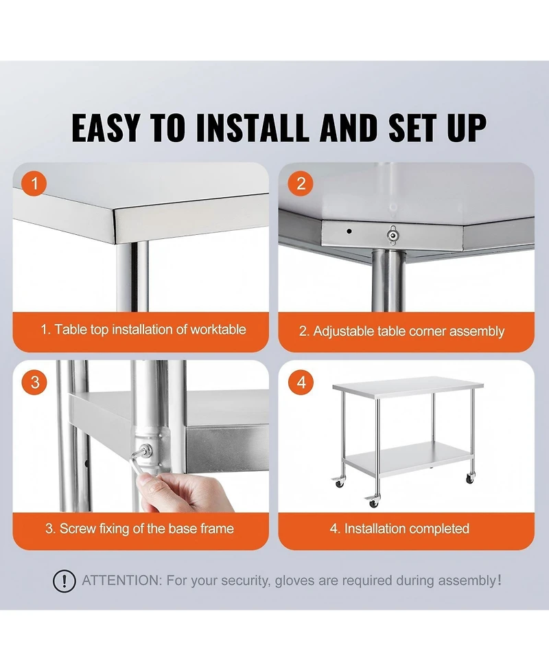 Gouun Stainless Steel Rolling Work Table 30 x 48 x 38 in with 4 Casters