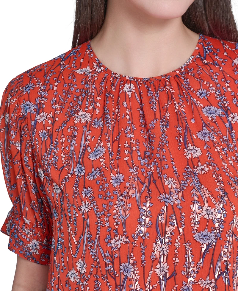 Tommy Hilfiger Women's Floral Crew Neck Puff-Sleeve Top