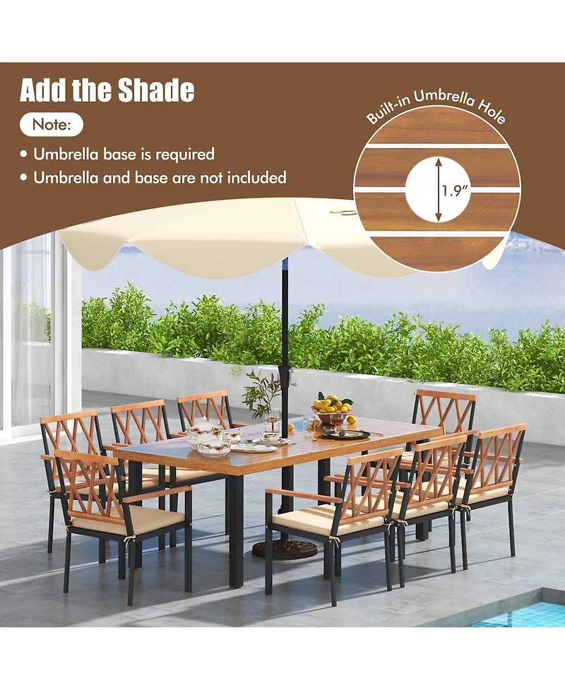 Gymax 9 Pcs Patio Dining Set Acacia Wood Table w/ Soft Cushions and 1.9'' Umbrella Hole