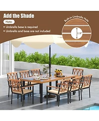 Gymax 9 Pcs Patio Dining Set Acacia Wood Table w/ Soft Cushions and 1.9'' Umbrella Hole