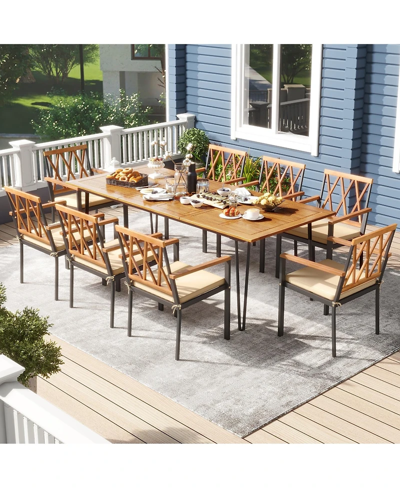 Gymax 9 Pcs Patio Dining Set w/ 8 Chairs Acacia Wood Table Top Umbrella Hole for Yard