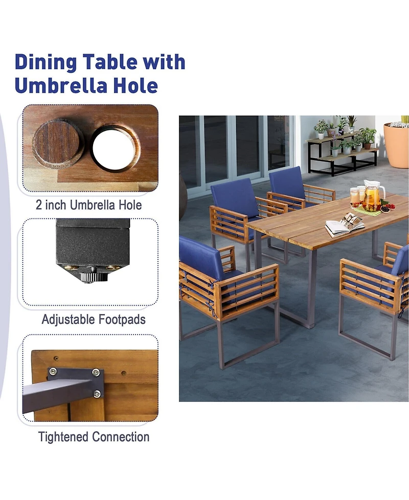 Gymax 7PCS Acacia Wood Patio Dining Set Cushioned Dining Chair and Table Set w/ Umbrella Hole
