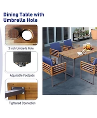 Gymax 7PCS Acacia Wood Patio Dining Set Cushioned Dining Chair and Table Set w/ Umbrella Hole