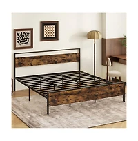 Gouun Metal Bed Frame Industrial Platform Bed with Wooden Headboard