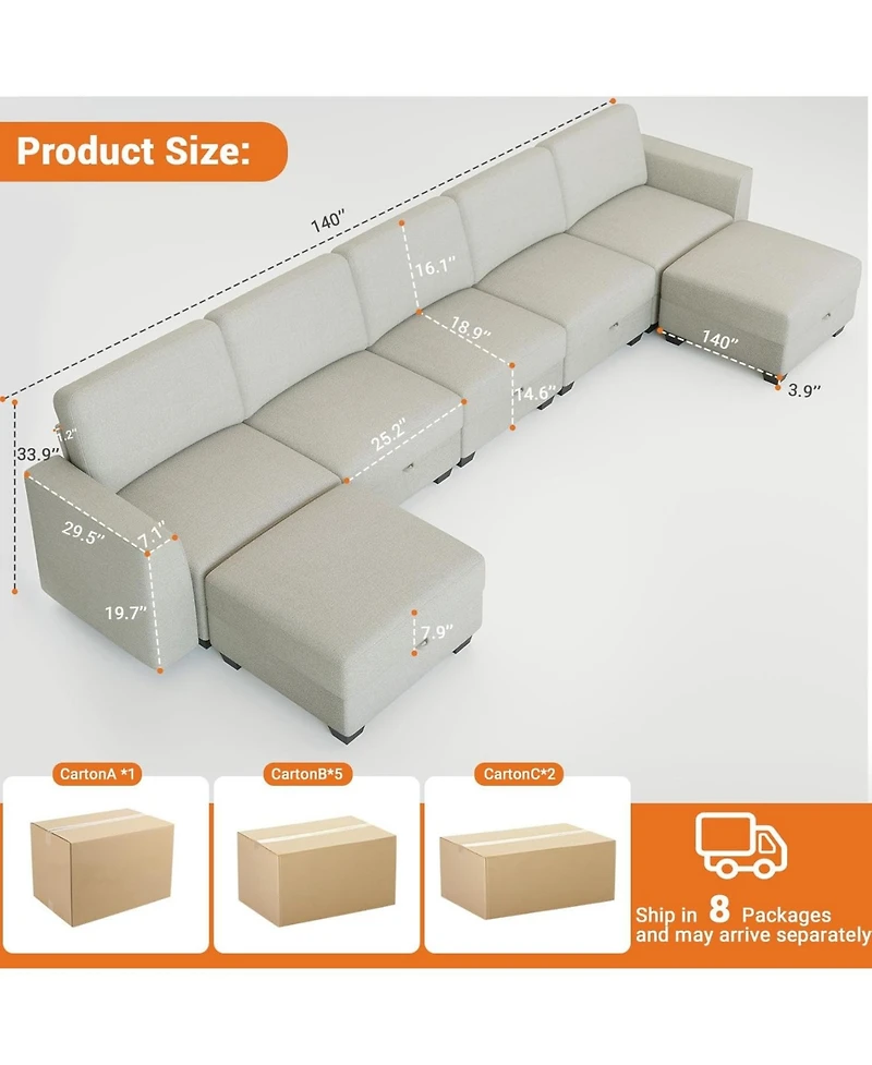 gaomon 140" U-Shaped Sectional Sofa with Ottoman Chaise, Modular 7-Seat Convertible Couch for Living Room