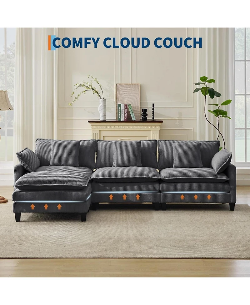 gaomon 112" Modular Sectional Sofa, U-Shaped Corduroy Cloud Couch with Ottoman and Pillows