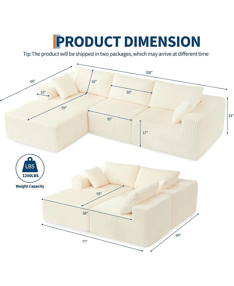 gaomon 108" Boneless Modular Sectional Sofa, Cloud Couch, No Assembly Convertible Sofa
