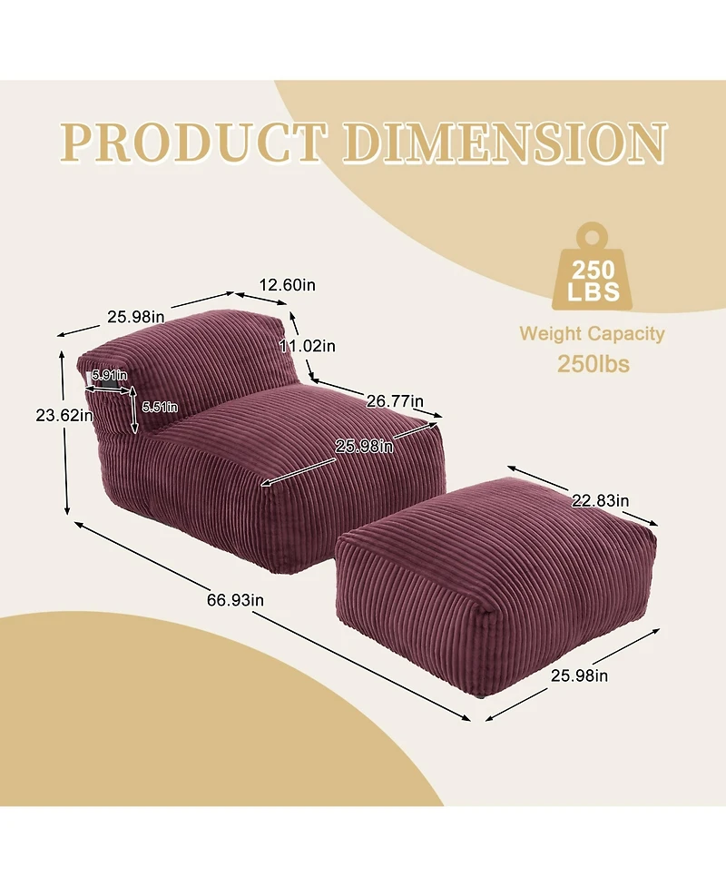 Rainsken Big Corduroy Bean Bag Chair with Footstool, Memory Foam Filled Floor Chair with Side Pockets for Living Room