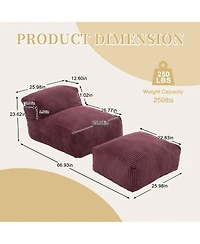 Rainsken Big Corduroy Bean Bag Chair with Footstool, Memory Foam Filled Floor Chair with Side Pockets for Living Room