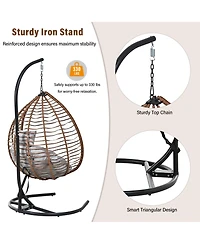 Rainsken Hanging Rattan Egg Swing Chair, Foldable Hammock Chair with Iron Frame, Comfortable Cushion and Removable Headrest for Balcony