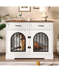 Aostirmotor 43.3" Dog Crate Furniture with Storage Drawers, Side Doors for Medium Large Dogs, End Table Kennel, WhiteandBrown