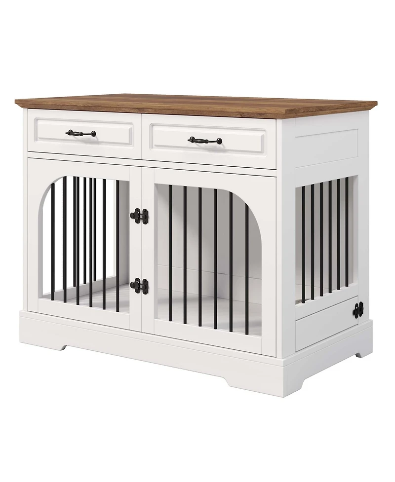 Aostirmotor Farmhouse Dog Crate Furniture with Storage and Rotating Bowls, Metal Kennel for Large Dogs, Side Table
