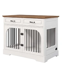 Aostirmotor Farmhouse Dog Crate Furniture with Storage and Rotating Bowls, Metal Kennel for Large Dogs, Side Table