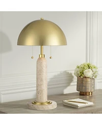 Possini Euro Design Chanterelle 24 1/2" High Mid Century Modern Table Lamp Pull Chain Beige Faux Stone Finish Brass Dome Shade