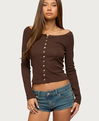 Edikted Women's Cameo Boat Neck Button Up Top
