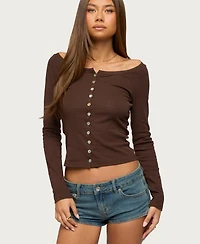 Edikted Women's Cameo Boat Neck Button Up Top