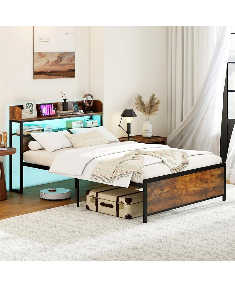 Gouun Led Bed Frame with Power Outlets and Storage Headboard