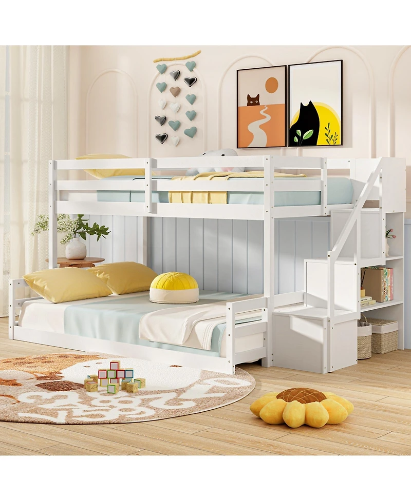 Gouun Solid Wood Twin Over Full Low Bunk Bed with Storage Stairs