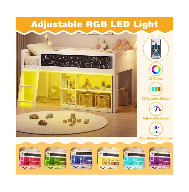 Gouun Kids Loft Bed with Led Lights and Removable Bookcase