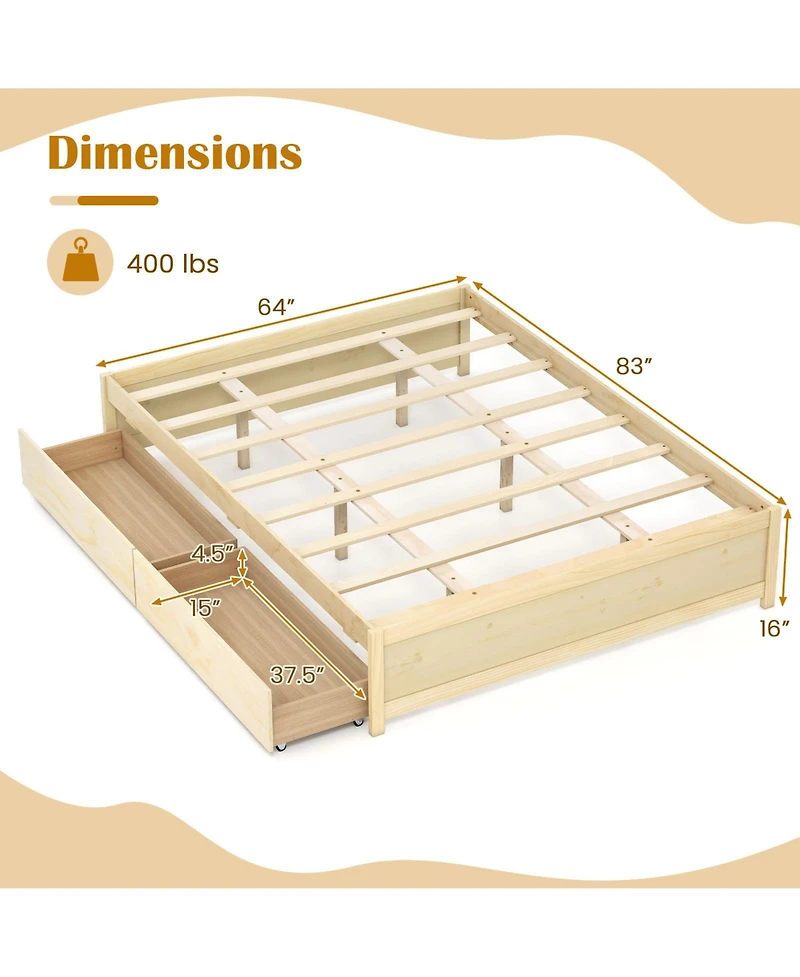 Gouun Bed Frame with 2 Rolling Storage Drawers
