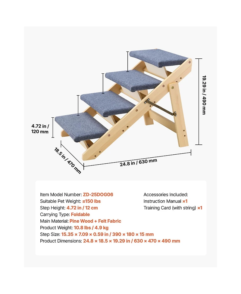 Aostirmotor Wood Pet Stairs 4-Step Dog Ladder for Bed and Sofa, 150lbs Capacity, Foldable Design for Small to Large Dogs