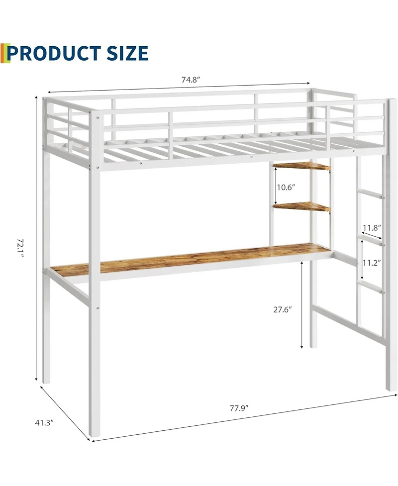gaomon Metal Loft Bed with Large Desk Storage Shelves Ladder Safety Guardrail Steel Slats Space-Saving