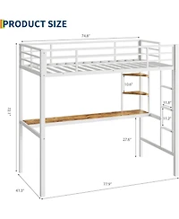 gaomon Metal Loft Bed with Large Desk Storage Shelves Ladder Safety Guardrail Steel Slats Space-Saving