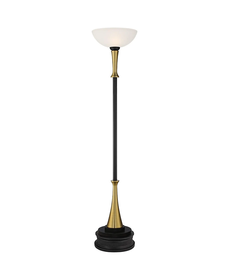 Possini Euro Design Burbank Modern Art Deco Torchiere Floor Lamp with Riser 74 1/2" Tall Brass Frosted Glass Shade for Living Room