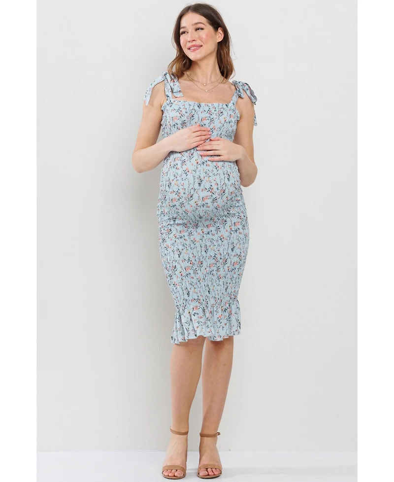 Hello Miz Maternity Floral Smocked Square Neck Bodycon Midi Matertnity Dress with Adjustable Tie Straps