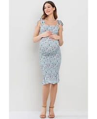 Hello Miz Maternity Floral Smocked Square Neck Bodycon Midi Matertnity Dress with Adjustable Tie Straps