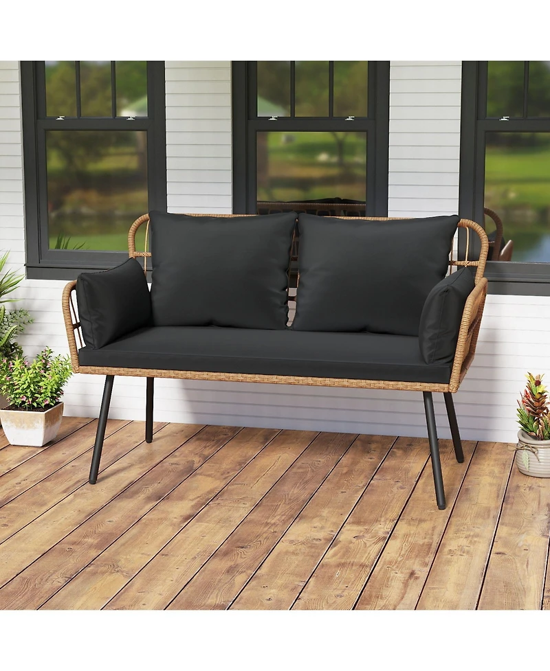 Sugift Outdoor Rattan 2-Seat Chair with Seat Back Cushions and Heavy-Duty Metal Legs