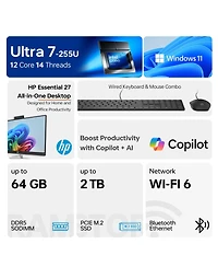 Hp Essential 27" All-in-One Intel Core Ultra 7 16GB Ram Intel Graphics 1TB Ssd Storage Windows 11 Pro 60Hz - Black
